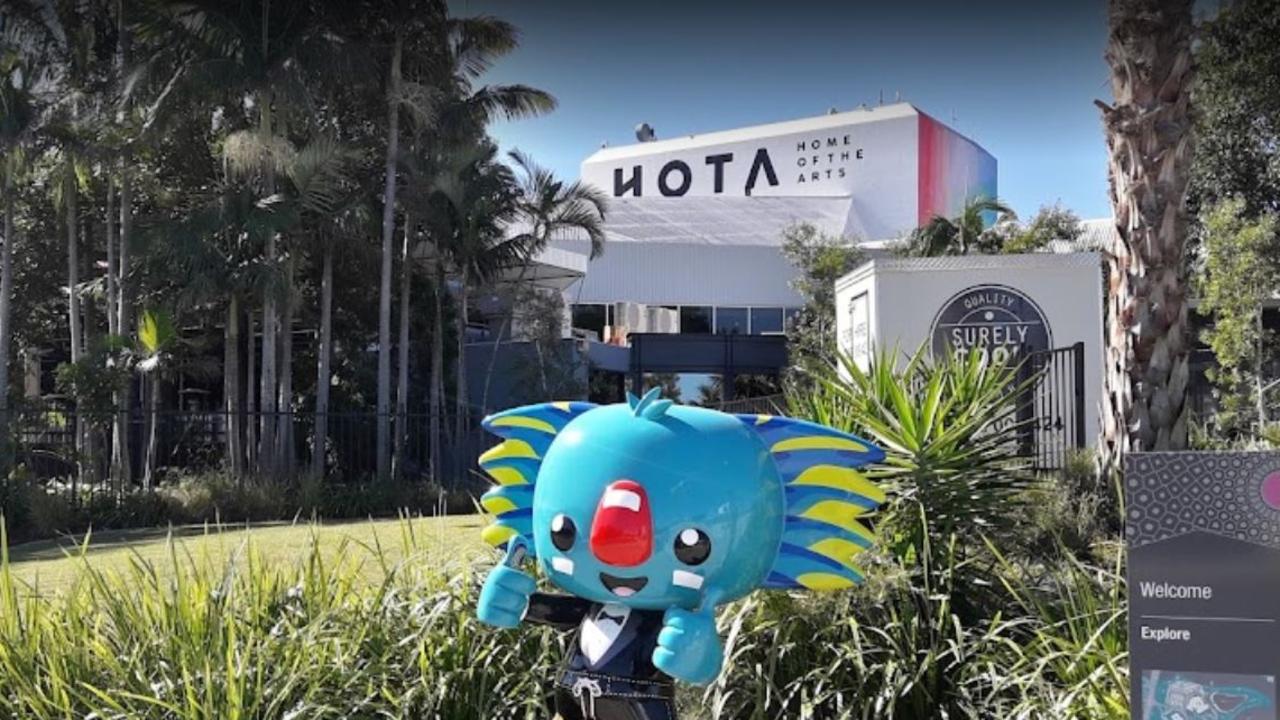 Borobi, the 2018 Gold Coast Commonwealth Games mascot, and entrance to HOTA on the Gold Coast.
