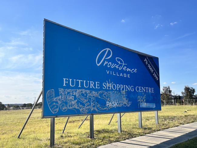 Residents of Providence estate in Greenvale are demanding Hume City Council and the state government approve plans for a supermarket proposed by developer Pask. Pictured is sign advertising the build, which has been there for at least eight years. Picture: Grace Frost JAN 8 2025