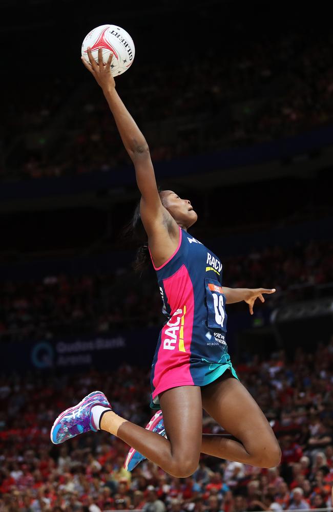 Mwai Kumwenda leaping high during the Vixens’ 64-52 win. Picture: Brett Costello