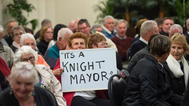 A sign singling out Cr Knight. Andrew Fraser, chaired a meeting at Norm Jordan Pavilion in July 2019 to raise concerns about the Cultural and Civic Space.