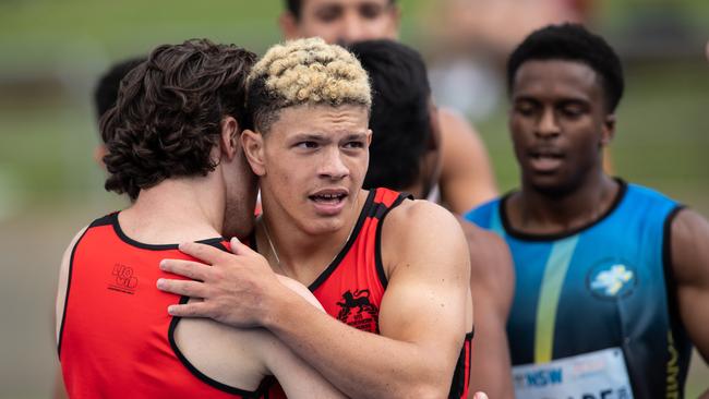 Connor Bond from Pymble winning the 200m sprint final at the state champs. Pic: Julian Andrews.