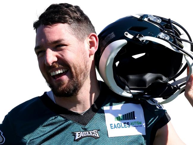 TEMPE, ARIZONA - FEBRUARY 09: Arryn Siposs #8 of the Philadelphia Eagles participates in a practice session prior to Super Bowl LVII at Arizona Cardinals Training Center on February 09, 2023 in Tempe, Arizona. The Kansas City Chiefs play the Philadelphia Eagles in Super Bowl LVII on February 12, 2023 at State Farm Stadium. (Photo by Rob Carr/Getty Images)