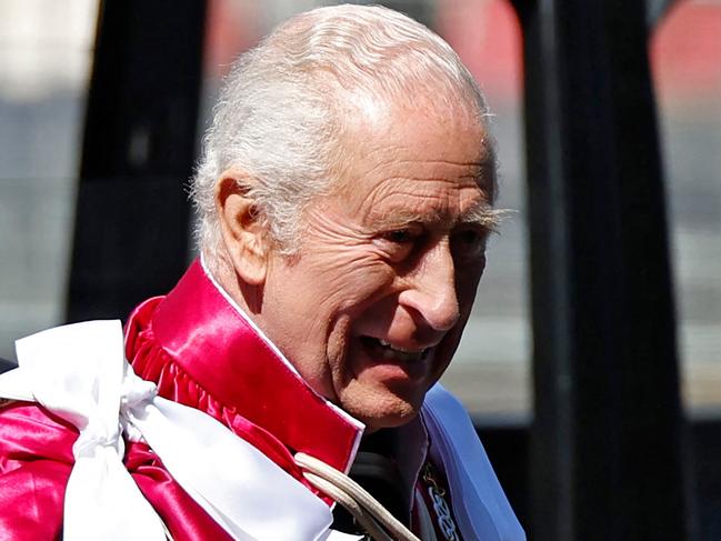 Britain's King Charles III arrives to attend the service for The Order of the Bath at Westminster Abbey in London on May 16, 2025, in the Orderâs 300th anniversary year. The Service for the Order of the Bath takes place every four years. The Order is a revival of an older custom dating back to medieval times when part of the ceremony of knighthood included a ritual bath symbolic of spiritual purification and a vigil the night before receiving the honour. (Photo by BENJAMIN CREMEL / AFP)
