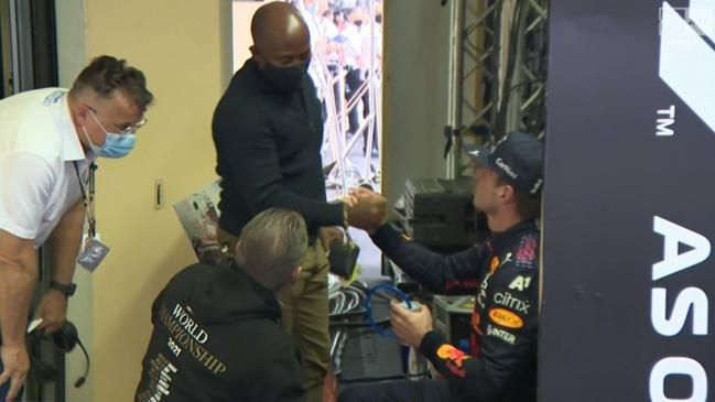 Lewis Hamilton's father Anthony congratulates Max Verstappen on winning his maiden driver's championship. Picture: Supplied