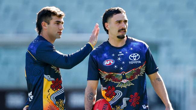 Izak Rankine (right) hurt his hamstring against Collingwood. Picture: Dylan Burns/AFL Photos via Getty Images