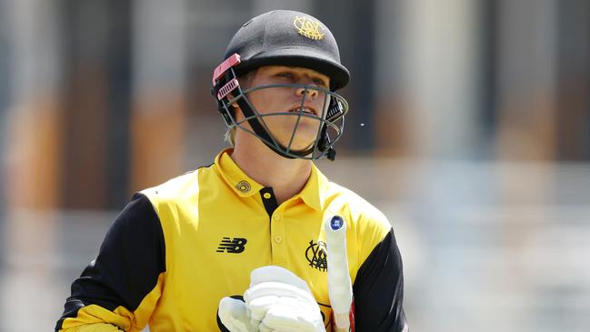 PERTH, AUSTRALIA - OCTOBER 25: Cooper Connolly of Western Australia  leaves the field after being dismissed during the ODC match between Western Australia and Tasmania at WACA Ground, on October 25, 2024, in Perth, Australia. (Photo by Will Russell/Getty Images)