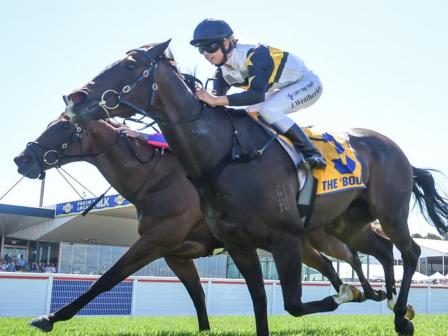 It's Kind Of Magic ridden by Jordyn Weatherley wins the Warrnambool Toyota Charge at Beersheba Sprint BM70 Hcp at Warrnambool Racecourse on December 03, 2023 in Warrnambool, Australia. (Photo by Reg Ryan/Racing Photos)