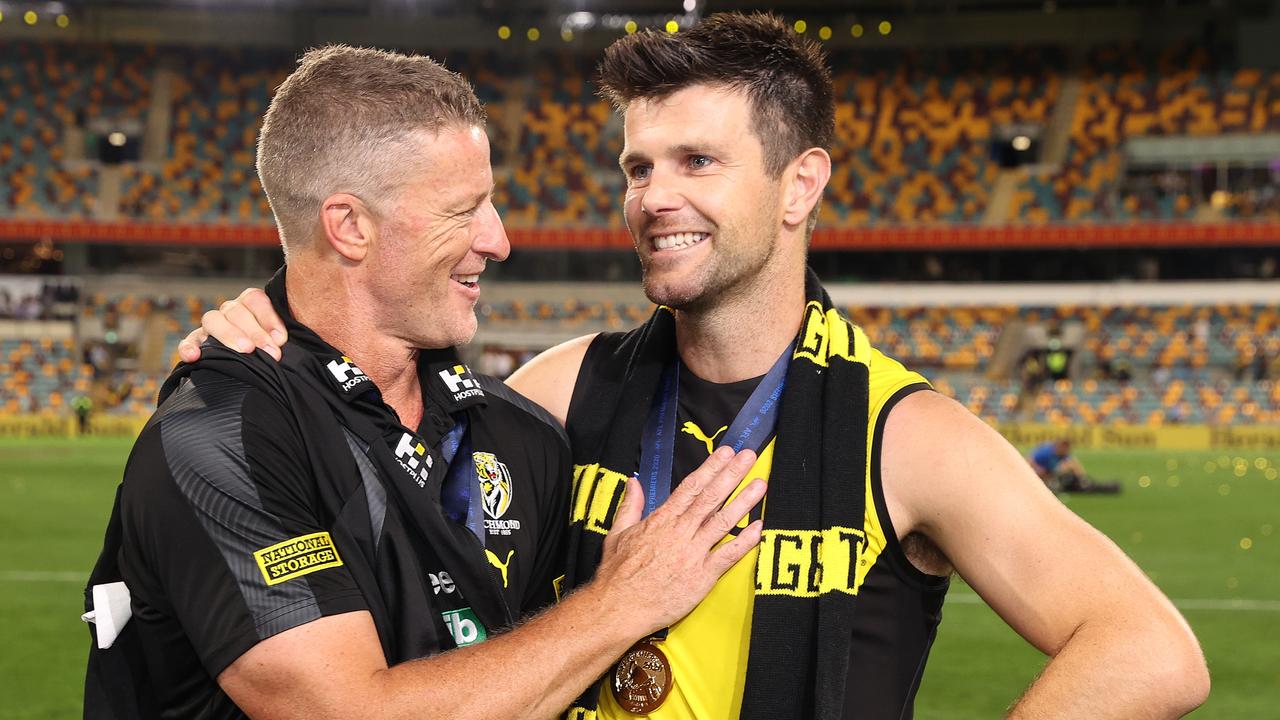 Richmond coach Damien Hardwick and skipper Trent Cotchin celebrate winning the 2020 premiership. Picture: Michael Klein