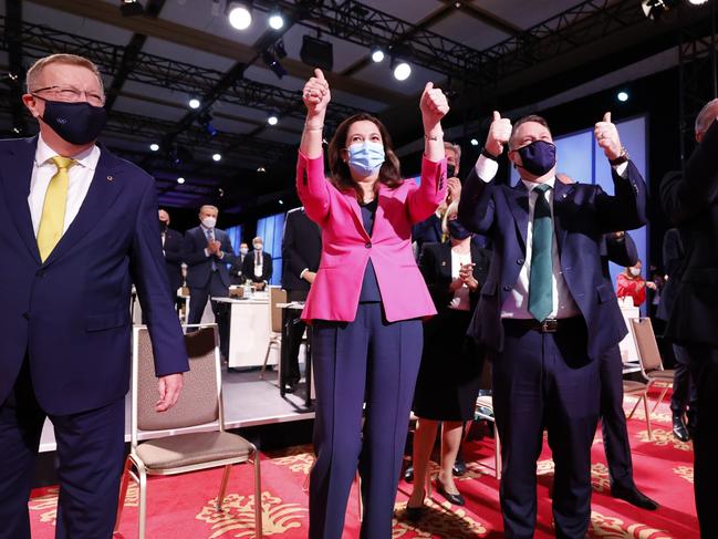 Members of the Brisbane 2032 delegation, Australian Olympic Committee president John Coates, then-premier Annastacia Palaszczuk Brisbane Mayor Adrian Schrinner, and Senator Richard Colbeck. Picture: Toru Hanai/Getty Images