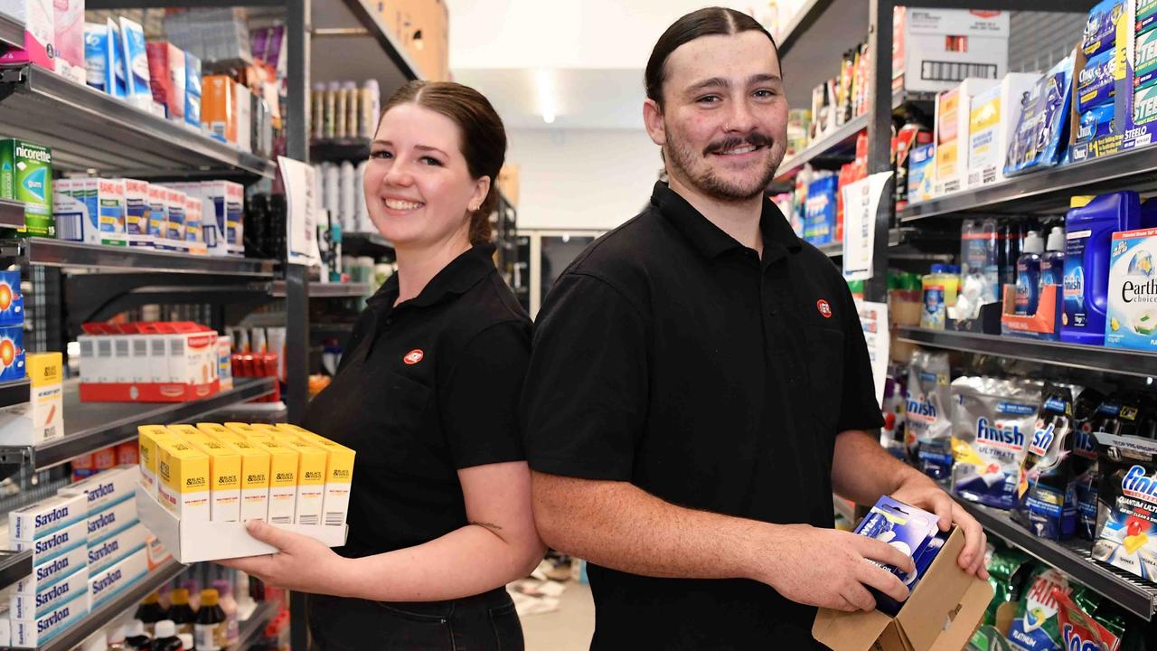 Store managers, Billy and Jaymee, are organising the Sunrise Beach store for the opening. Picture: Patrick Woods.