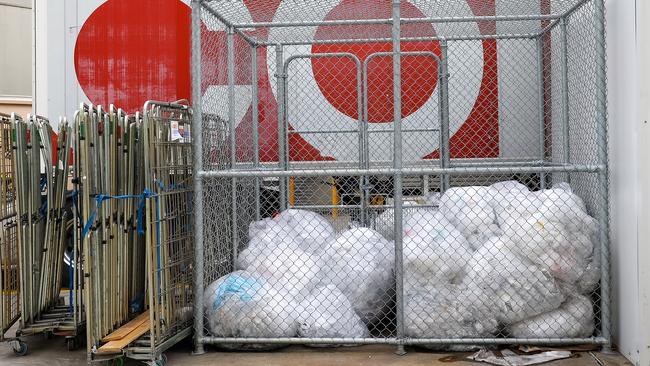 Soft plastics stored outside Coles in Moonee Ponds, Melbourne. Picture: NCA NewsWire/Ian Currie