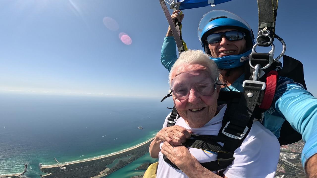 Betty Gregory skydives over Kirra Beach. Picture: Supplied