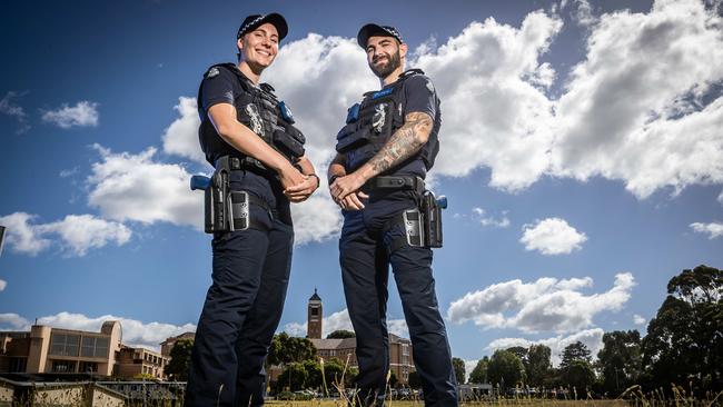 Victoria Police recruits Nina Montague (aged 23) and James Morrow (aged 28). Picture: Jake Nowakowski