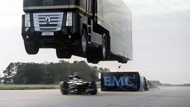 Truck jumps over speeding F1 car