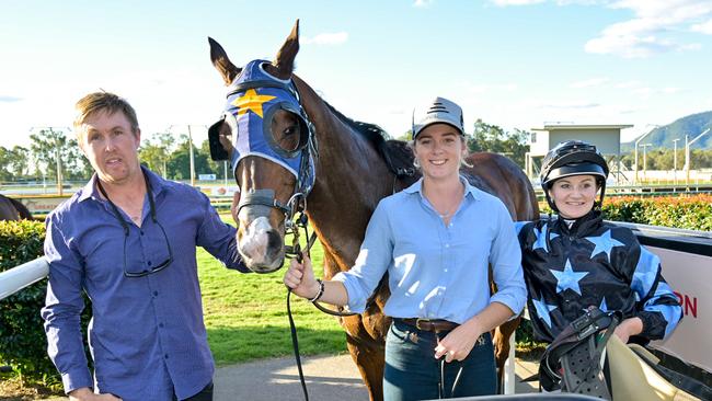 Trainer Aiden Nunn (left) and jockey Teagan Voorham (right) celebrate Hype's Rockhampton Cup victory. Picture: Caught In The Act Photography CQ