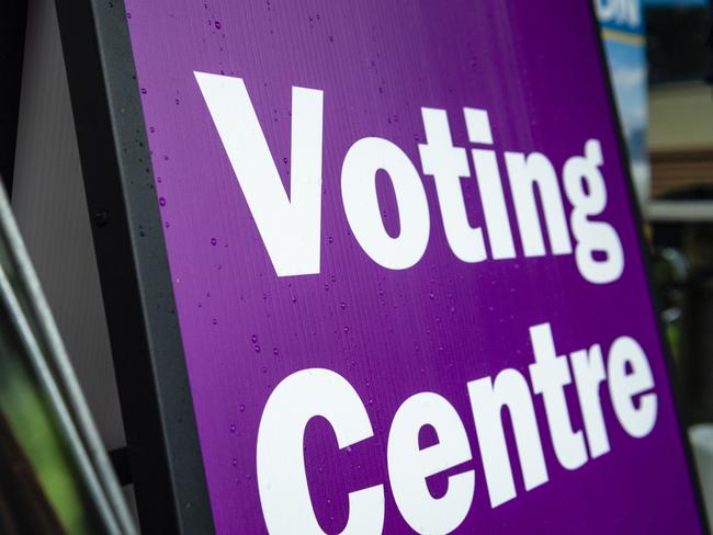 An AEC voting centre sign is seen outside a Groom pre-poll booth, Monday, May 9, 2022. Picture: Kevin Farmer