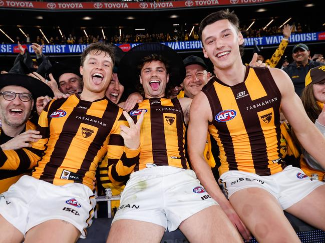 Jack Ginnivan, Watson and Connor Macdonald after the win. Picture: Dylan Burns/AFL Photos