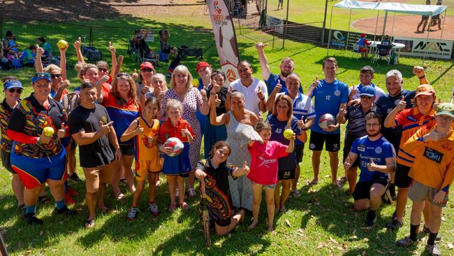 Chief Minister Eva Lawler and Sport Minister Kate Worden with members of the Tracy Village Sporting clubs. Picture: Supplied