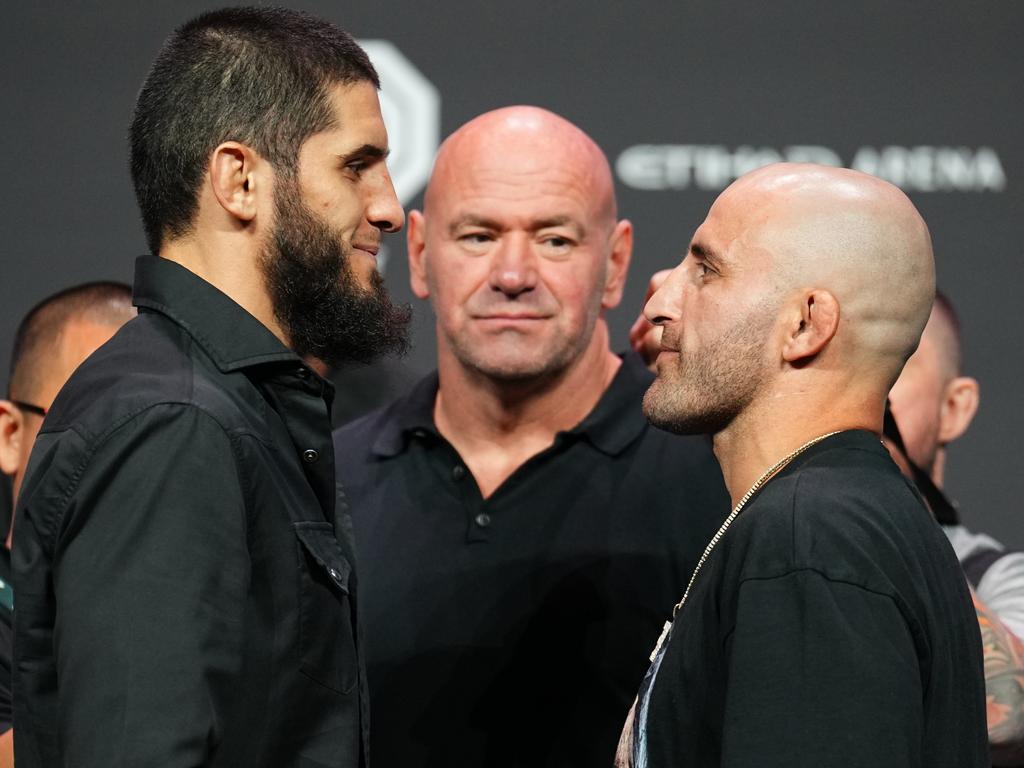 Makhachev and Volkanovski go face-to-face at this week’s presser. Picture: Chris Unger/Zuffa LLC via Getty Images