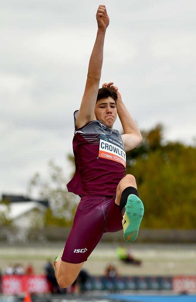 Archer Crowley (QLD) competes in the Boys U13 Long Jump during the Australian Little Athletics Championships at Lakeside Stadium in Albert Park, Victoria on April 22, 2023.