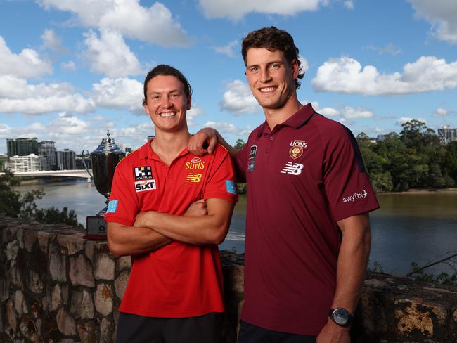 Lions star Jarrod Berry (right) is delighted with the form his brother Tom has shown at the Suns this season. Picture: Liam Kidston