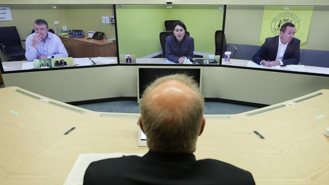 Prime Minister Scott Morrison met with the National Cabinet. Picture: Alex Ellinghausen