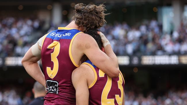 Joe Daniher and Charlie Cameron react to the defeat. Picture: Getty Images