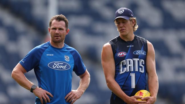 Patrick Dangerfield and Rhys Stanley at Geelong training. Picture: Robert Cianflone/Getty Images