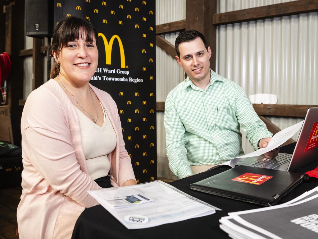 Job seeker Maria Tula chats to M&amp;H Ward Group HR director Joshua Bamford about opportunities at McDonald's at the expo. Picture: Kevin Farmer