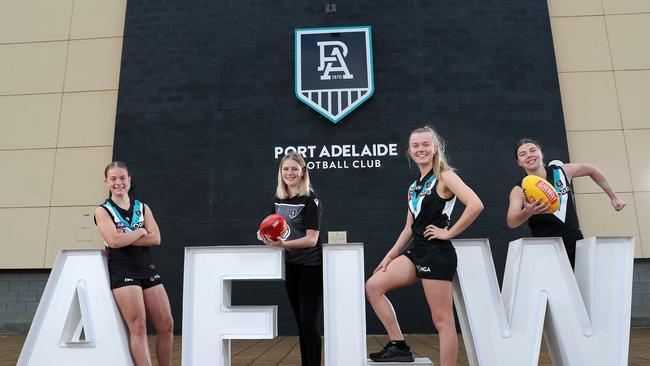 Jemma Whitington-Charity, Brooke Boileau, Molly Brooksby, Chloe Whitington-Charity in the lead-up to the announcement of an AFLW team. Picture: Sarah Reed