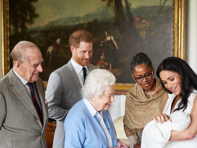 Prince Harry, Duke of Sussex and Meghan, Duchess of Sussex are joined by her mother, Doria Ragland, as they show their son Archie Harrison Mountbatten-Windsor. Picture: Getty