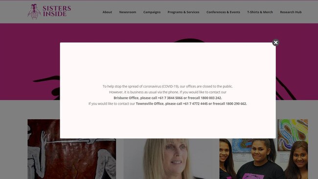 A screengrab of the Sisters Inside website, which alerts visitors to the fact the group's offices are now closed. Picture: Supplied