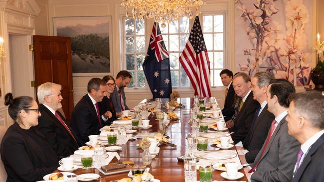 Treasurer Jim Chalmers meets with US Secretary of the Treasury, Scott Bessent and National Economic Council Director Kevin Hassett, and Kevin Rudd in Washington DC. Picture: Michael Butcher