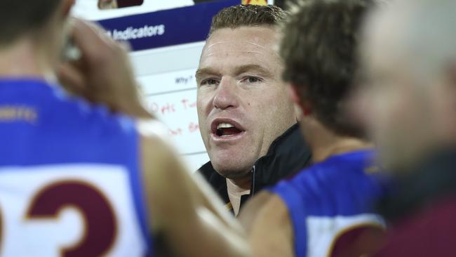 Justin Leppitsch speaks to his players during the loss to Adelaide. Picture: Sarah Reed