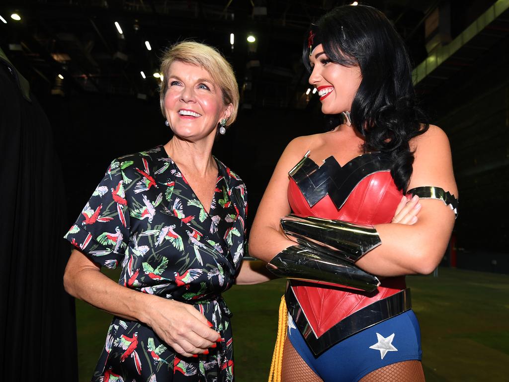 Minister for Foreign Affairs Julie Bishop chats to Wonder Woman at Village Roadshow Studios on the Gold Coast. Picture: AAP Image/Dan Peled.