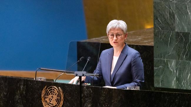 Penny Wong delivering Australia's national statement at the 78th United Nations General Assembly last week.