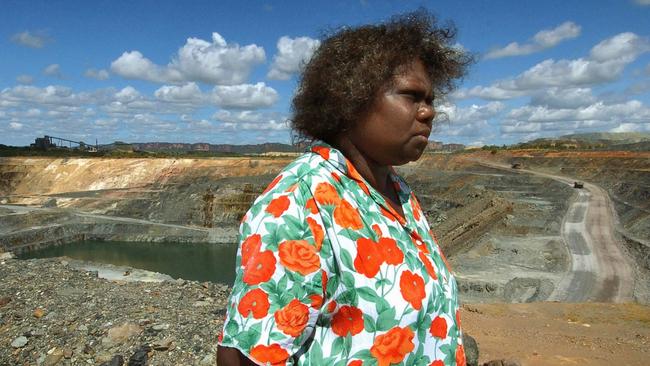 Senior traditional owner Yvonne Margarula of the Mirarr people stands in front of the Ranger uranium mine's pit number three in Kakadu National Park.