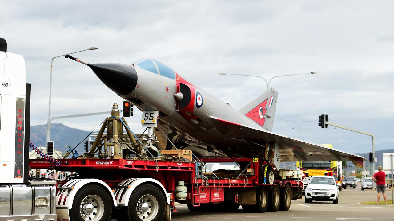 Two restored Royal Australian Air Force aircraft veterans- a Mirage fighter jet A3-55 and a Winjeel Trainer??? A85-403 - arrived at Townsville RAAF Base. Picture: Alix Sweeney