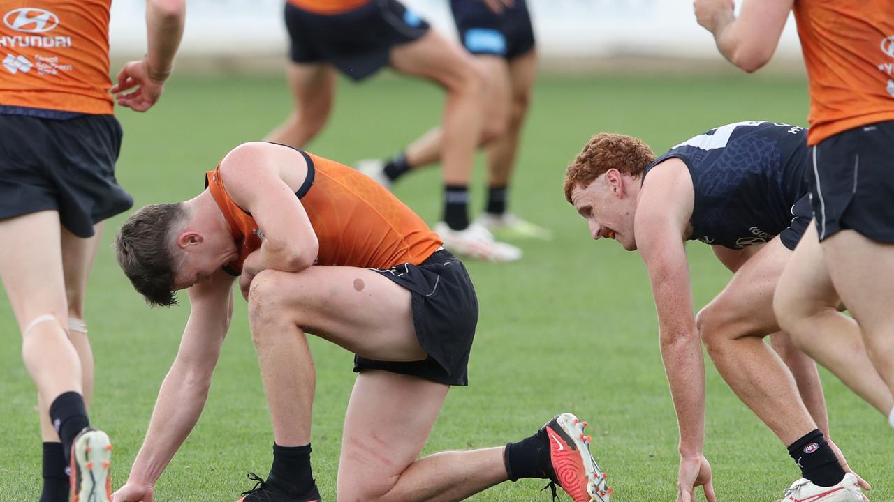 Jack Silvagni is winded after receiving a knock during a drill. at Carlton Football training at Ikon Park. Picture: David Crosling