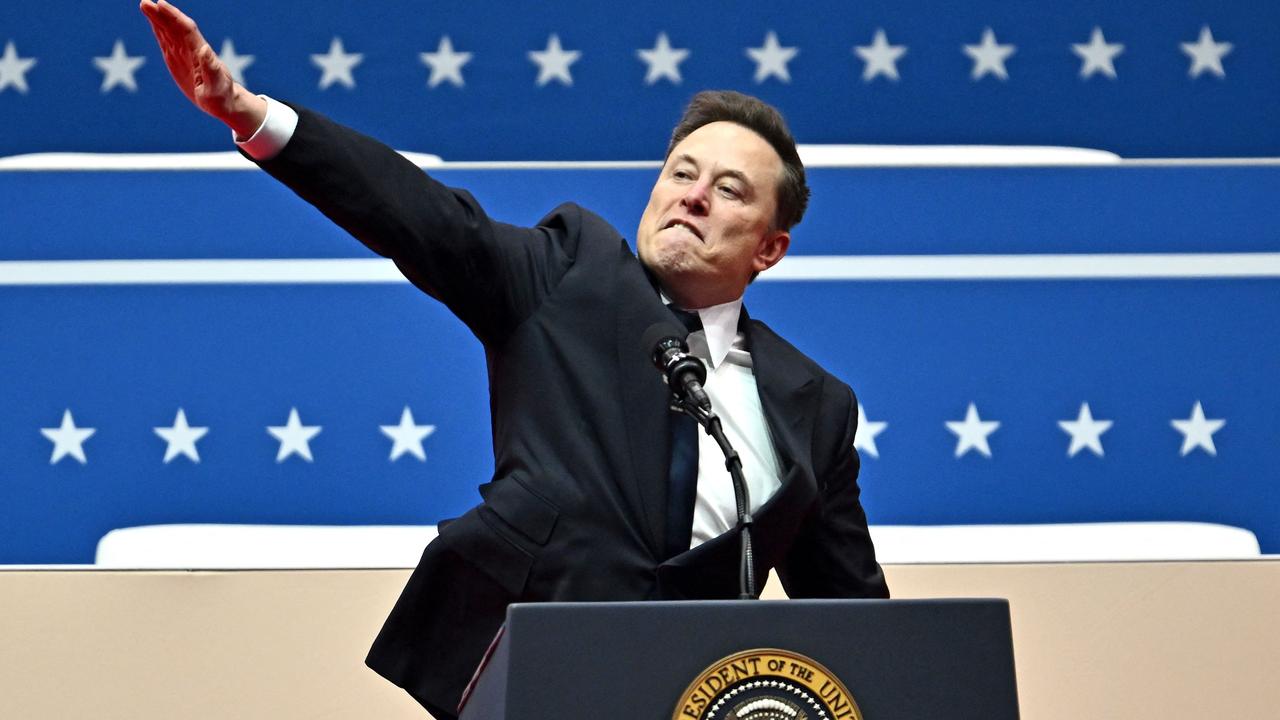 Tesla and SpaceX CEO Elon Musk gestures as he speaks during the inaugural parade inside Capitol One Arena, in Washington, DC, on January 20, 2025. Photo: ANGELA WEISS / AFP