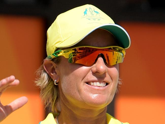 Australian lawn bowler Karen Murphy reacts as she wins her Women's Singles Sectional Play - Section A, Round 1, Match 1 against Kioa Malia of Tonga on day 1 during the XXI Commonwealth Games on the Gold Coast, Australia, Thursday, April 5, 2018. (AAP Image/Tracey Nearmy) NO ARCHIVING, EDITORIAL USE ONLY