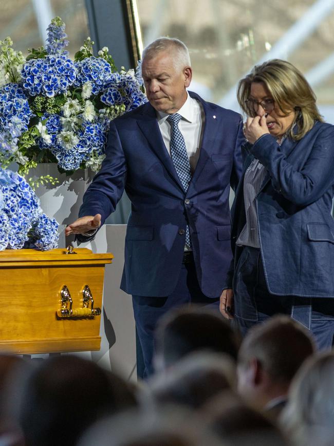 SA Police Commissioner Grant Stevens and his wife Emma say goodbye to “Charlie Boy”. Picture: Ben Clark