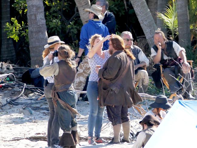 Cast and crew waiting to shoot scenes with The Dying Gull on the set of Pirates of the Caribbean: Dead Men Tell No Tales at The Spit. Pics Tim Marsden