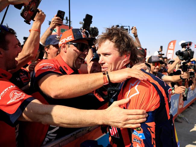 Red Bull KTM Factory Racing's Australian pilot Daniel Sanders celebrates with supporters after winning the Dakar Rally 2025. Picture: AFP