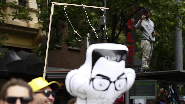 A gallows with nooses is seen during a protest rally in Melbourne. Picture: NCA NewsWire / Daniel Pockett