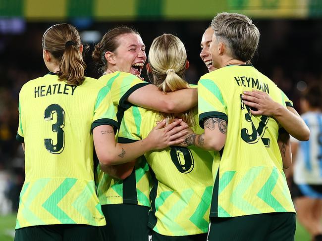 Kaitlyn Torpey celebrates with team mates after scoring a goal. Picture: Getty Images