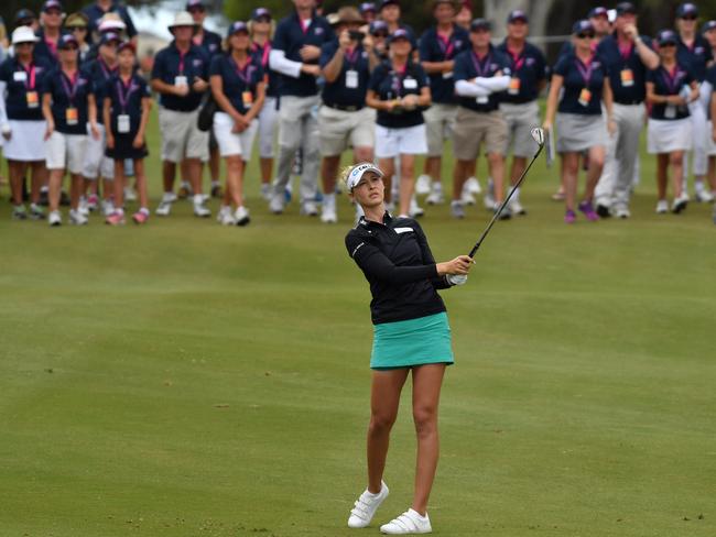 Nelly Korda on the final hole of the Grange Golf Club course on Day four of the Women's Australian Open golf tournament on February 17, 2019. Picture: AAP Image / David Mariuz