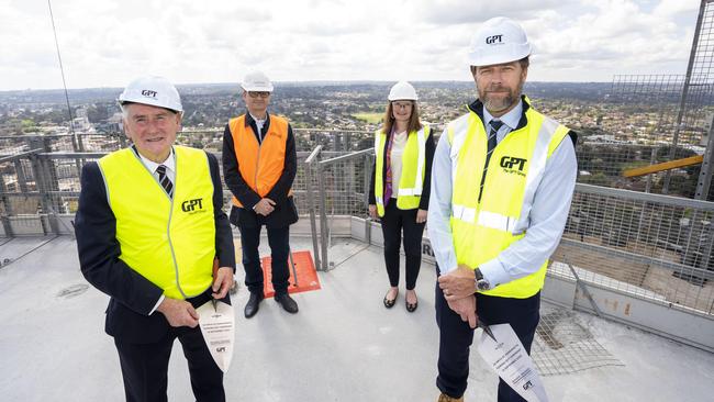 Parramatta Lord Mayor Bob Dwyer, Richard Crookes Constructions CEO George Bardas, QBE Insurance’s Fiona Hayes-St Clair and GPT’s Matthew Faddy at the topping out ceremony. Picture: Matthew Vasilescu