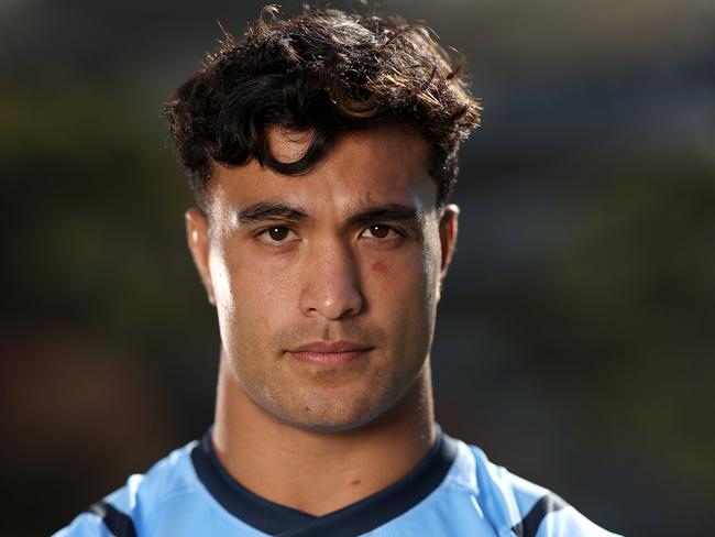 SYDNEY, AUSTRALIA - MAY 28: Joseph-AukusoÃÂ Suaalii of the Blues poses during a New South Wales Blues State of Origin media opportunity at NSWRL Centre of Excellence on May 28, 2024 in Sydney, Australia. (Photo by Matt King/Getty Images)