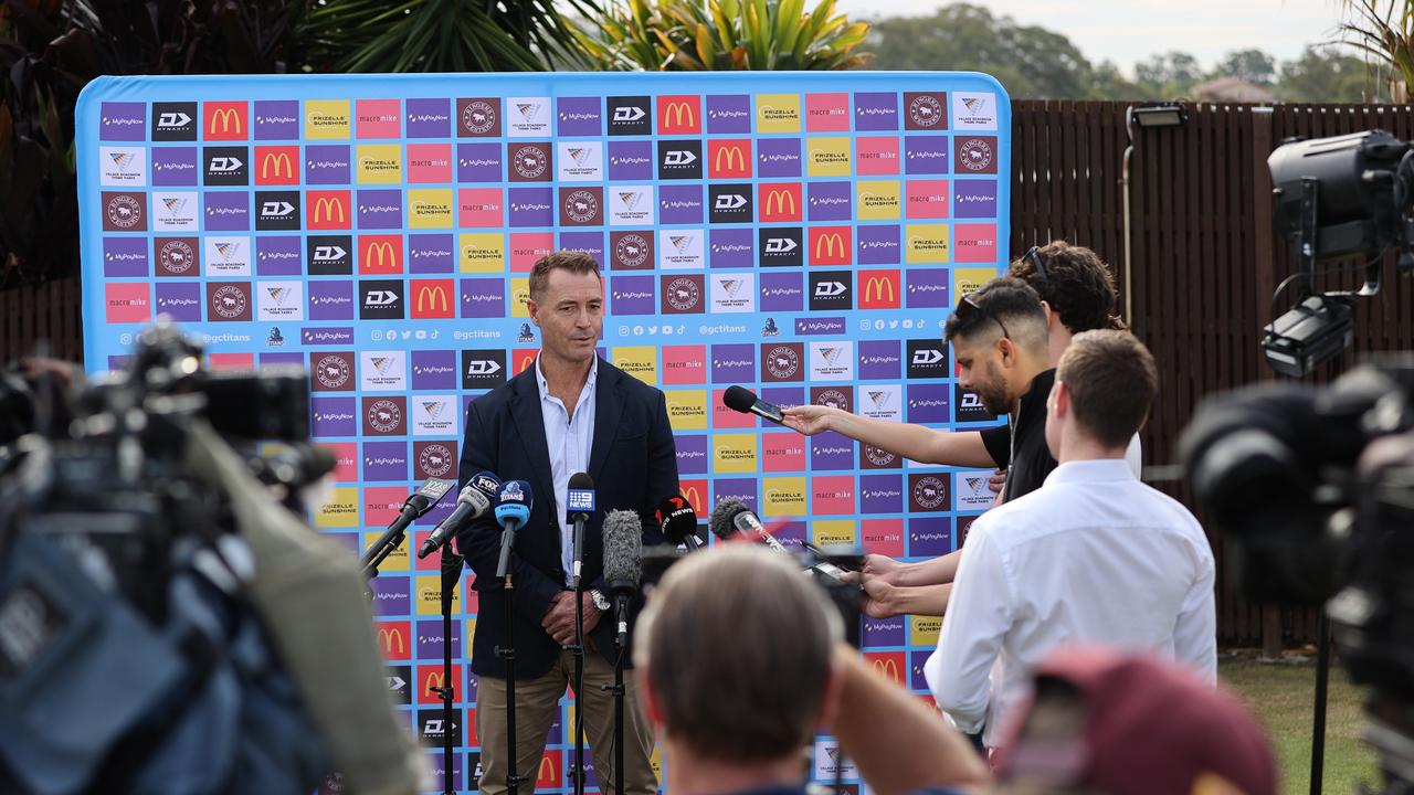 Titans CEO Steve Mitchell talks to the media. Picture: Nigel Hallett.